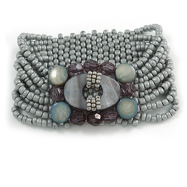 Light Grey Glass Bead and Shell Flex Bracelet - 18cm L gallery