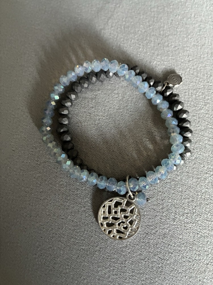 Blue And Gray Stretch Double Strand Bracelet With Silver Charm
