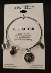 NEW UNWRITTEN #1 TEACHER ADJUSTABLE STAINLESS STEEL BRACELET, NEW ON CARD, $55