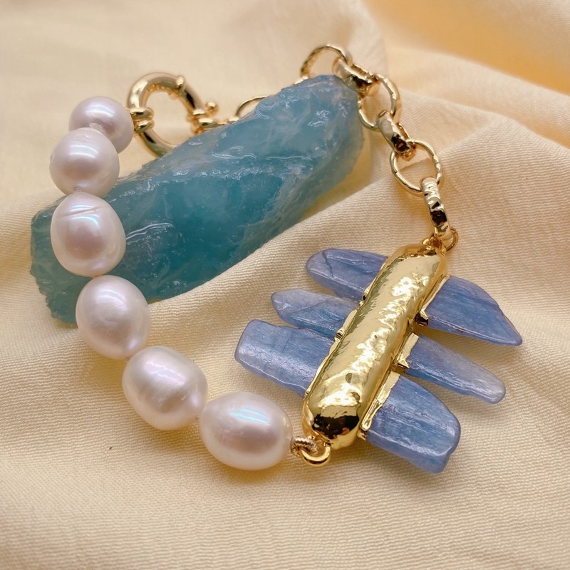Cultured White Rice Pearl Kaynite Bracelet Blue Gemstone Jewelry gallery