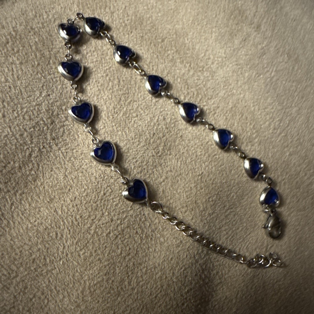 Blue Colored Glass Heart Stones Silver 8-1/2” Bracelet