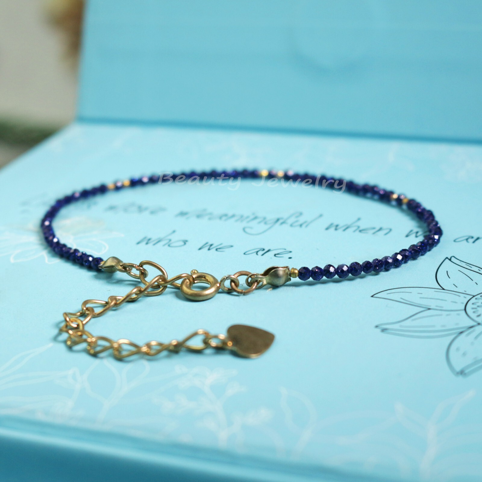 Natural Blue Goldstone Bracelet Blue Sandstone Gemstone Bracelet Anklet Handmade gallery