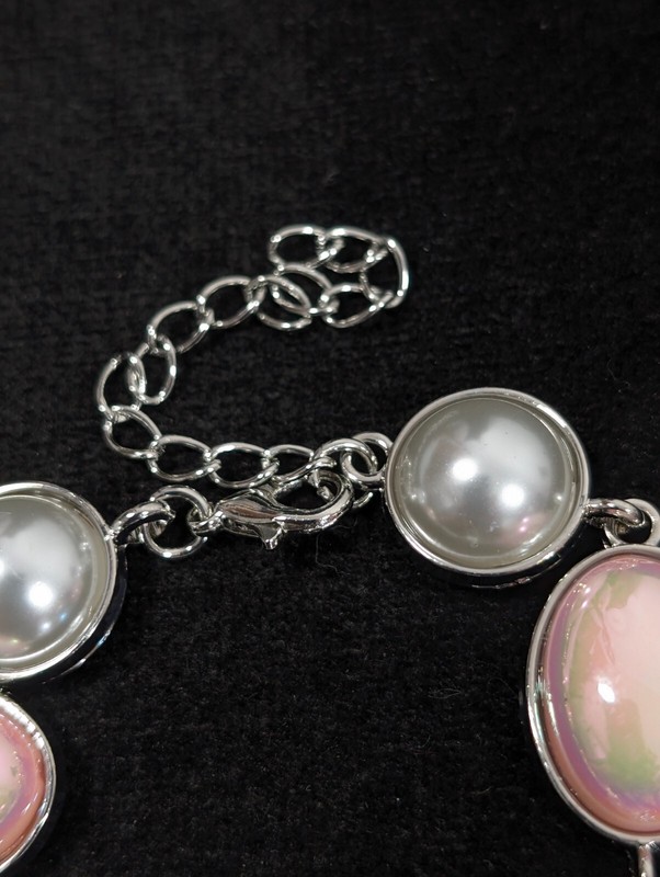 Silver Tone Pink Iridescent AB Crystal Faux Pearl Bezel Tennis Bracelet 9 in gallery