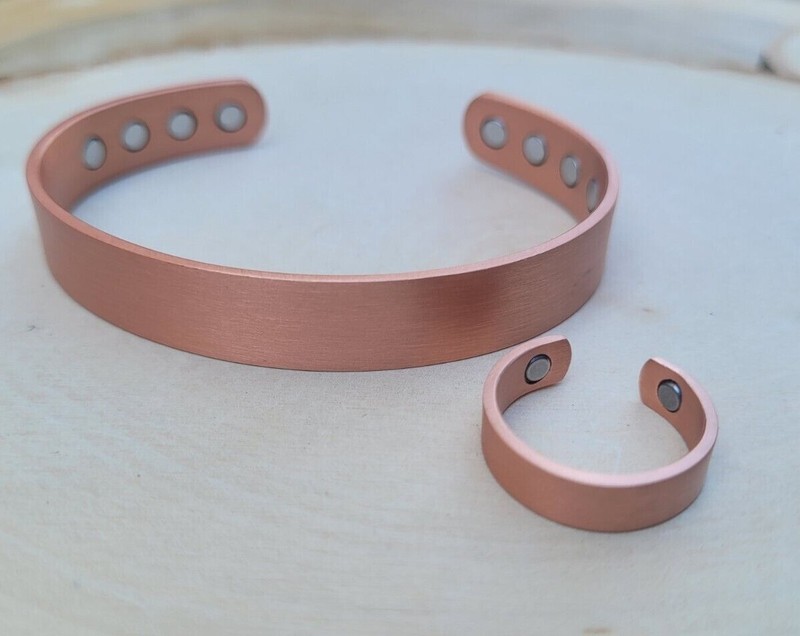 Matte Solid Copper Magnetic Engravable Bracelet Ring Set Arthritis Cuff Ring Set gallery