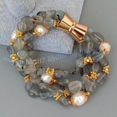 4 Rows 8-10mm Irregular Gray Labradorite White Pearl Bracelet 8” Magnetic Clasp