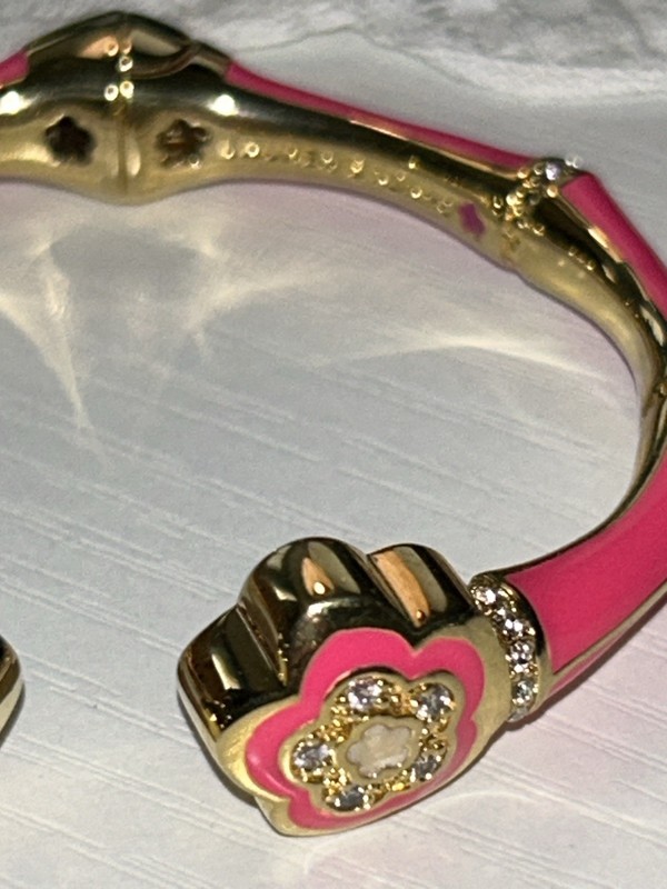 Lauren G Adams Bamboo Daisy Bracelet Pink Enamel CZ 18k GP Designer NEW 6.5” 34g gallery
