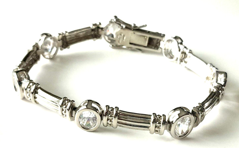CZ Stones Sterling Silver 925 Bar Station Chain Bracelet w/ Safety Chain 7.25" gallery
