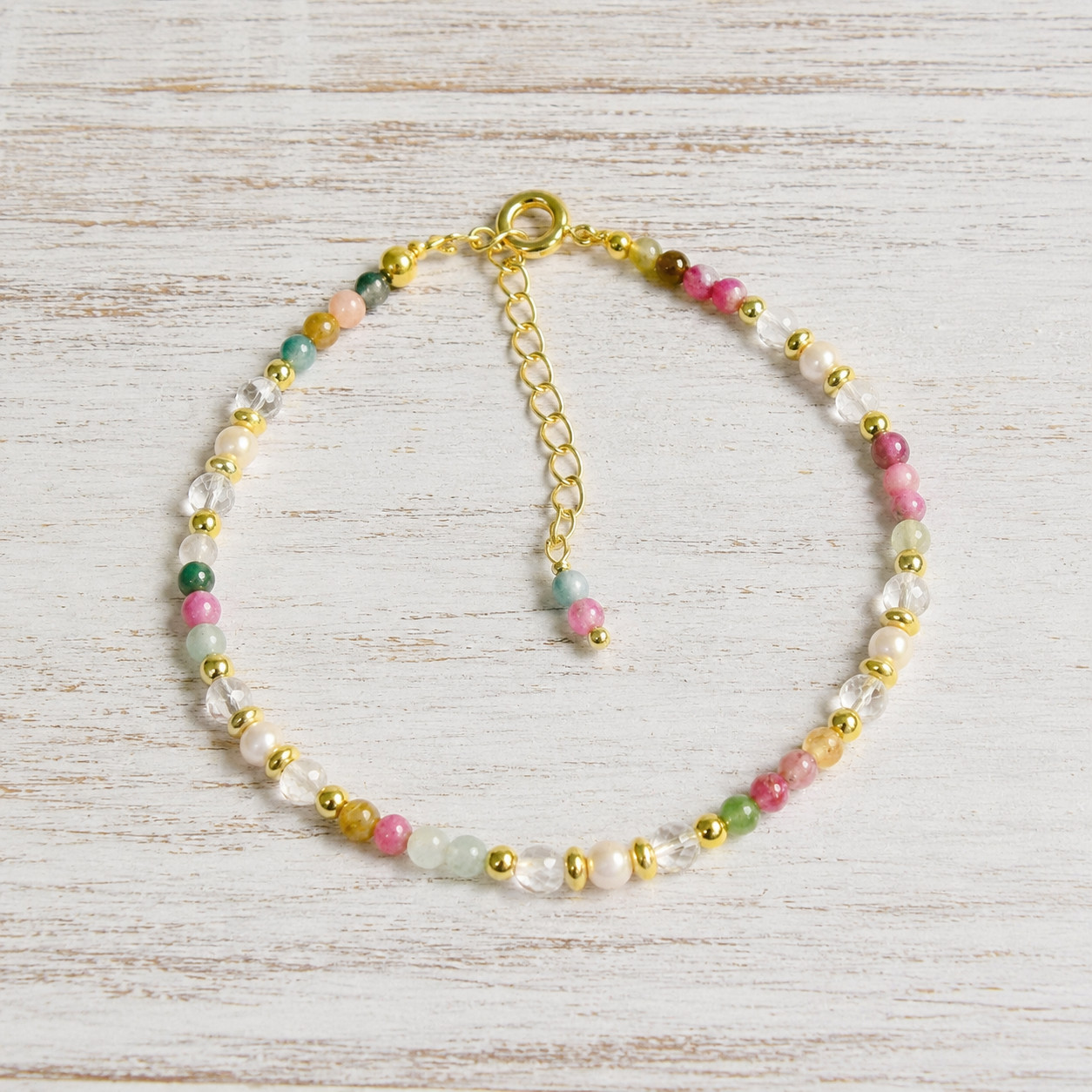 Natural Rainbow Tourmaline Pearl Bracelet Dainty Beaded Adjustable Jewelry Gift gallery