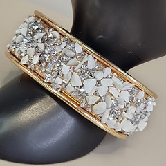 Wide Cuff Bracelet White Stone Chips Clear Rhinestones Gold Tone 7.25″