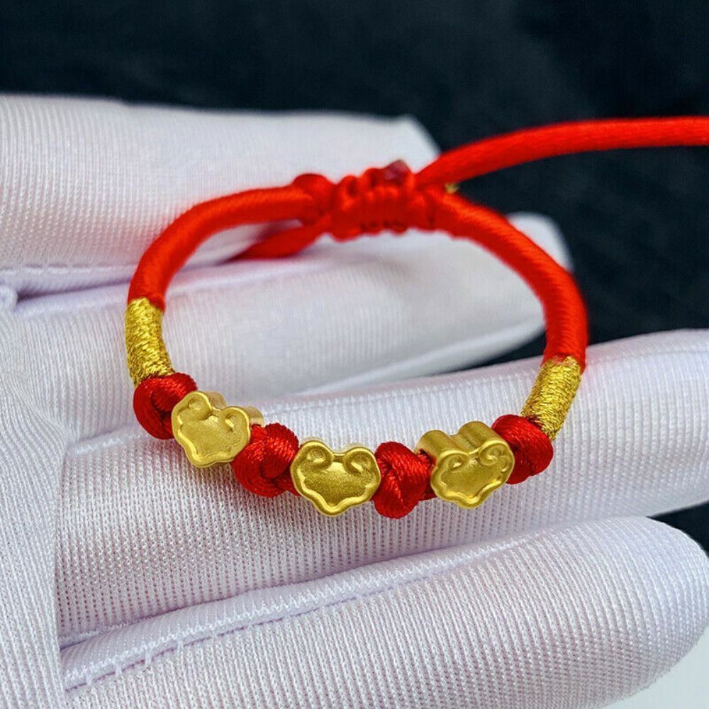 Real 24K Yellow Gold Bracelet 3D Craft Three Ruyi Bead Handmade Red Cord Bangle gallery