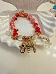 ✨Rhinestone Elephant & high quality Glass Crimson Red & Soft Rose Bead Bracelet