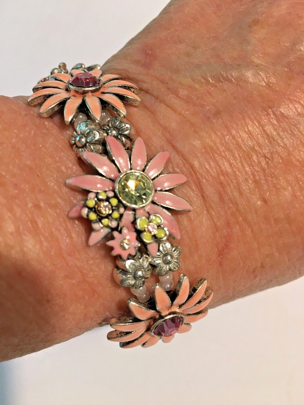 BRACELET Pink ENAMEL DAISY FLOWER CRYSTALS Pilgrim Silver Plated Denmark Stretch gallery