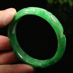 59mm Emerald Green Jadeite Jade Bangle Bracelet Handmade Dragon Phoenix A-12137