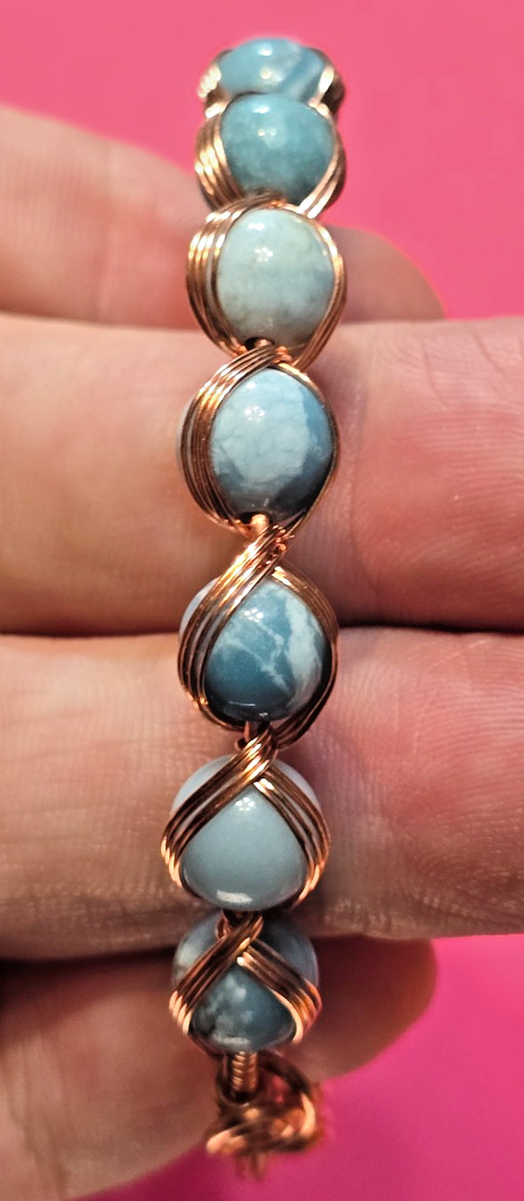 Copper Wire Wrap and Quartz Larimar Colored Gemstone Bead Bracelet gallery