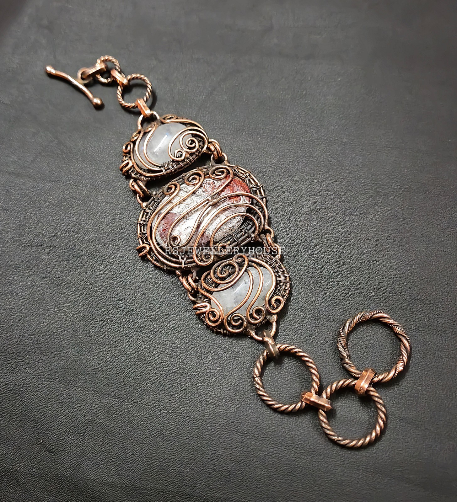 Crazy Lage Agate & Moonstone Gem Bracelet Wire Wrapping Adjustable Bracelet gallery
