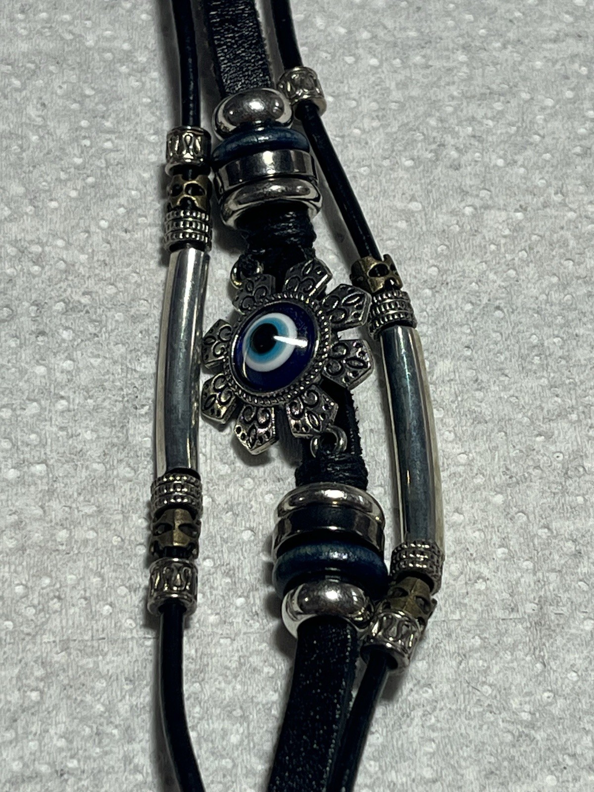 Evil Eye Black Leather Bracelet Silver Tone Flower Blue Charm Adjustable Buckle gallery