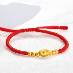 999 Pure Real 24K Yellow Gold Bracelet Woemn’s Small Yuanbao Red String 6.3in