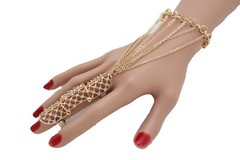 Women Fashion Jewelry Gold Metal Hand Chain Bracelet Bling Band Elastic Ring Hot