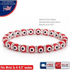 Red Evil Eye Bracelet Murano Glass Bead 6mm Rhinestone Spacer Stretch Protection