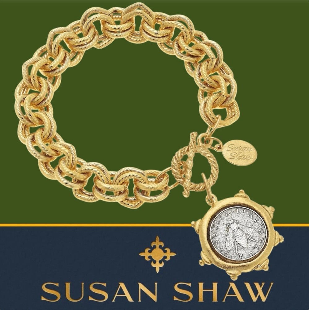 Susan Shaw Jewelry Gold Florence Bee Coin Double Link Chain Bracelet 24k TPG