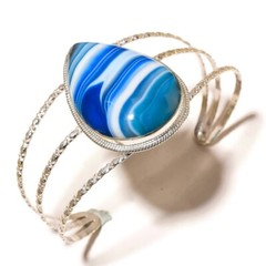 Blue Botswana Agate Gemstone Handmade Engraved Rope Bezel Open Cuff Bracelet