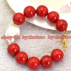 8/10/ 12mm Red Shell Pearl & White Baroque Pearl Beaded Bangle Bracelet 7.5 inch