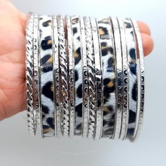 Layered multi Bangle Set of 15 Fashion Silver Tone animal print fashion Bracelet