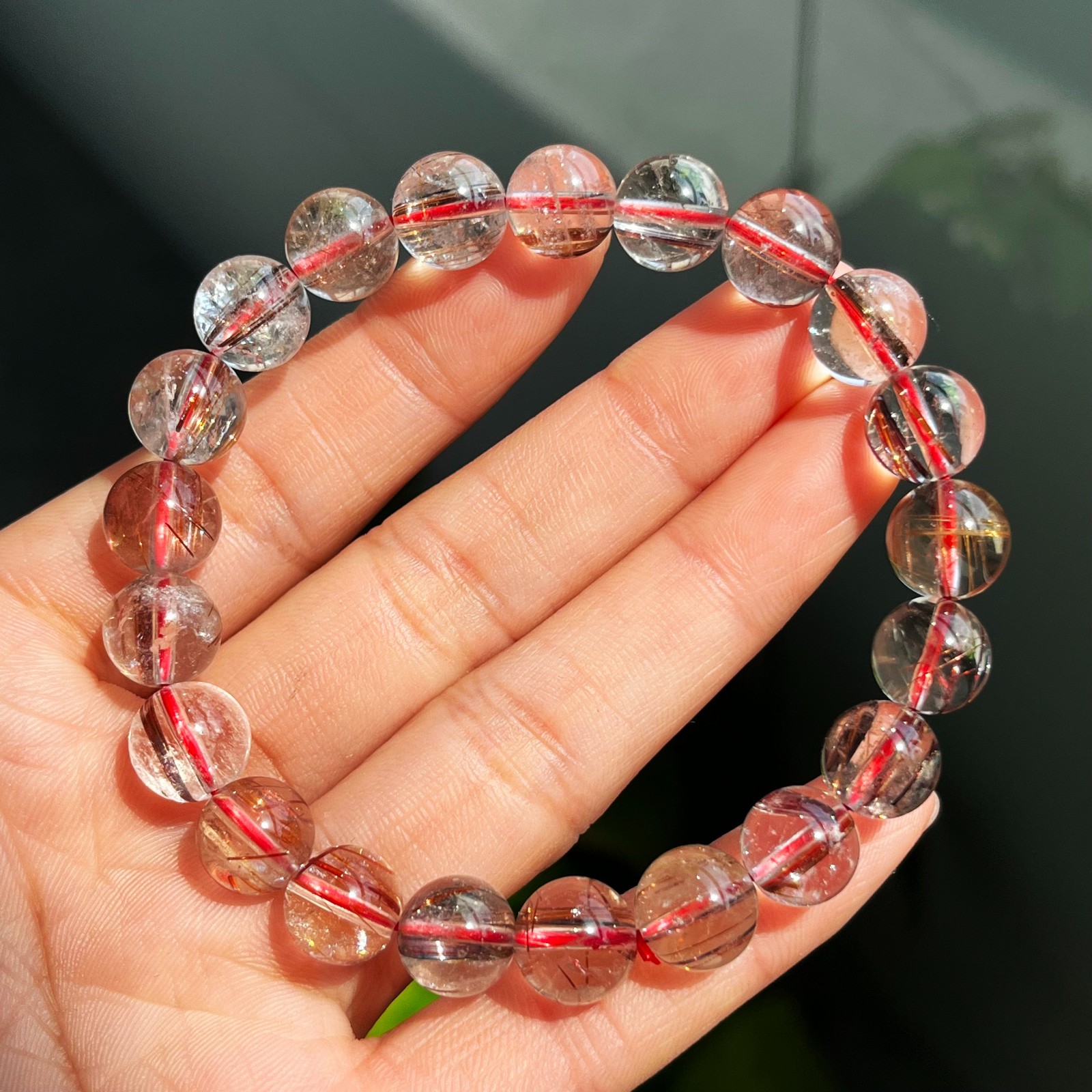9.7mm Natural Red Copper Rutilated Quartz Crystal Beads Bracelet 2967 gallery