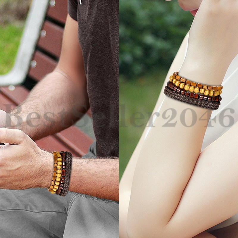 4PCS Men Women Leather Wrap Bracelet Braided Tribal Beaded Wristband Bangle Set gallery