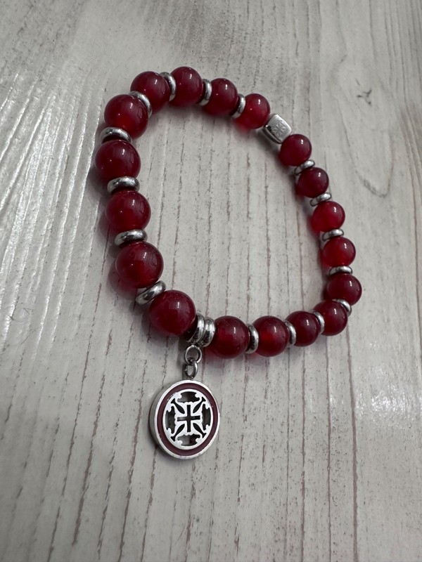 Rustic Cuff Deep Red Beaded Stretch Bracelet Silvertone Charm gallery