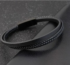 Men’s Women Black Braided 2 Bands Genuine Leather Bracelet Magnetic Bangle 8.2″