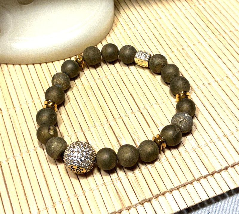 Rustic Cuff Bracelet Coffee Glass Clear Rhinestone Beaded Gold Stretch Lot 99D gallery