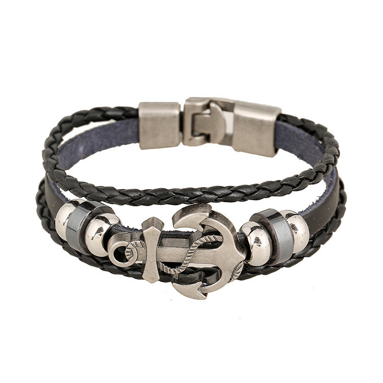 Men Leather Bracelet Braided Bangle Wristband Stars Sailor Nautical Anchor Rope gallery