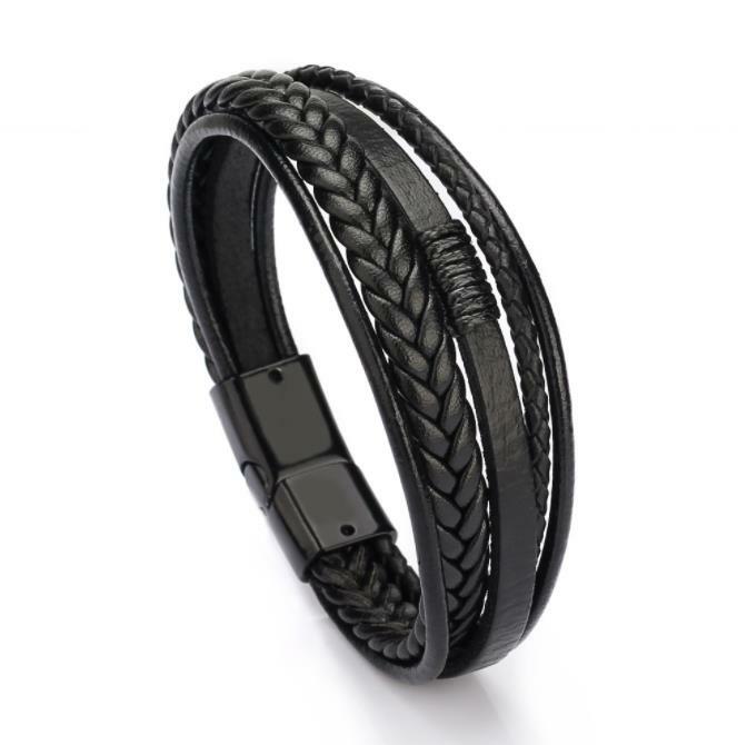 Men Jewelry Black Braided Leather Bracelet Multi-Layer Stainless Steel Clasp A gallery