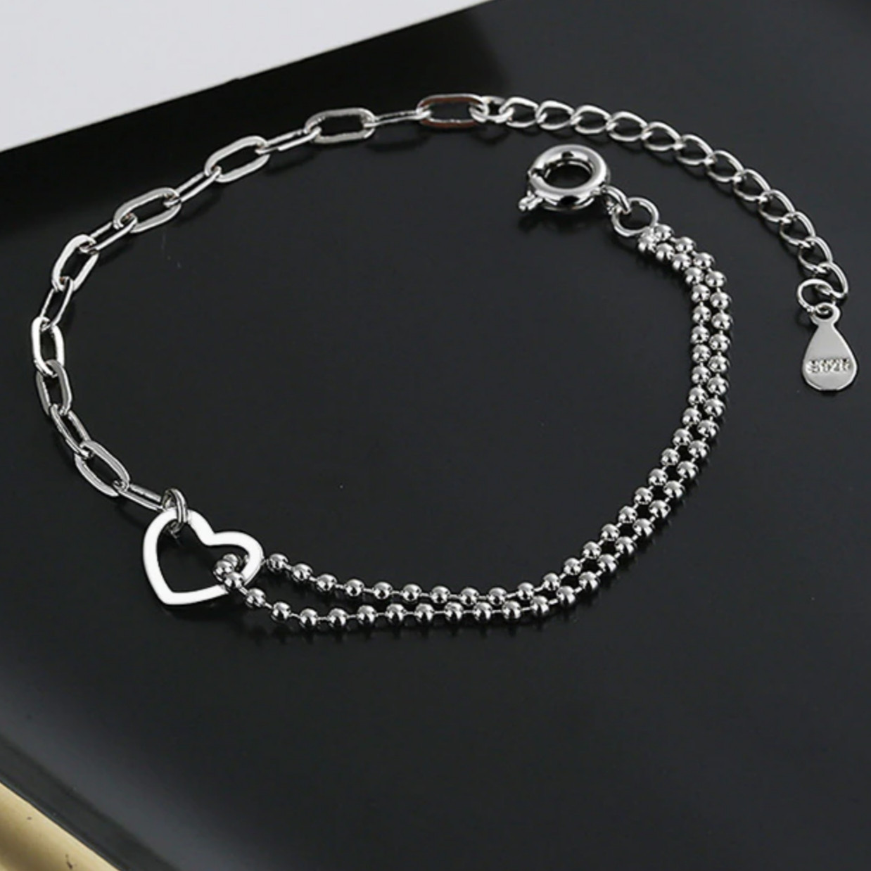 Love Heart Paper Clip and Beaded Chain Bracelet Sterling Silver gallery