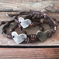 **Heart Leather Bracelet Hand Stamped Pewter Copper Adjustable Rustic Gift**