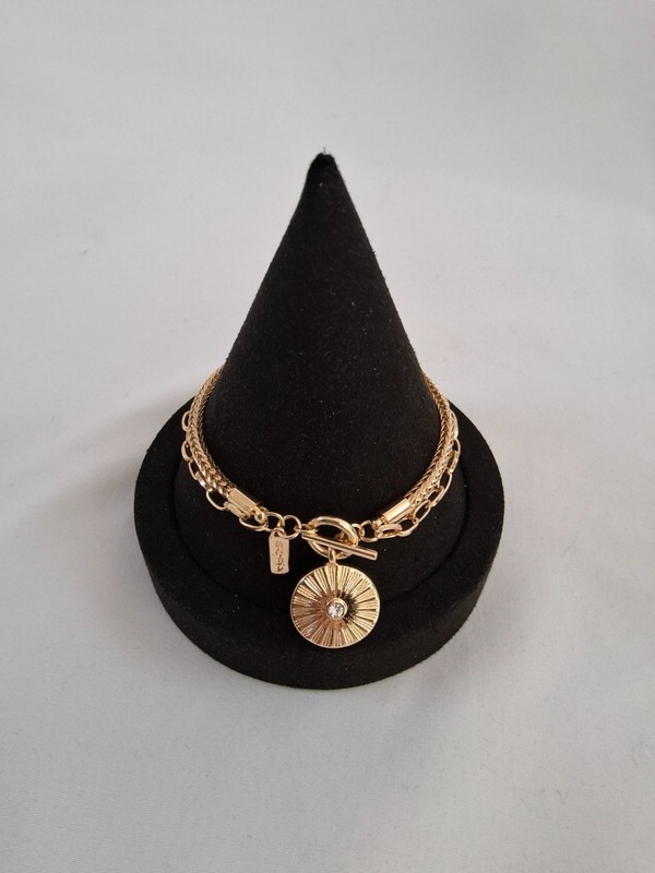 gold tone bracelet 2 chain design curb and oval link round drop charm gallery