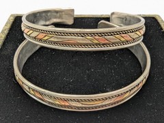 Cuff Bracelets. Three Metal Brass, Copper & Silver Tone Metals Design. Pair Of 2