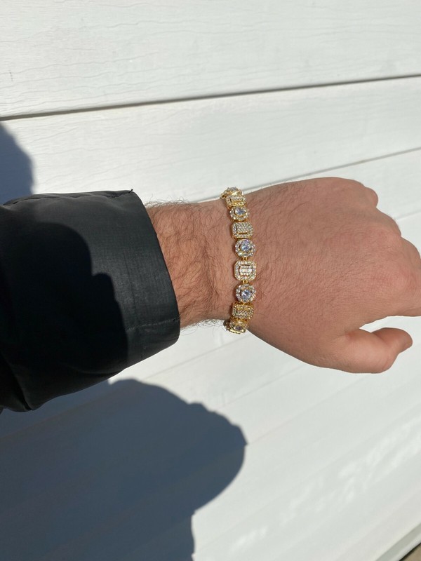 Solid 925 Sterling Silver 14k Gold Plated Baguette CZ Tennis Bracelet Hip Hop gallery