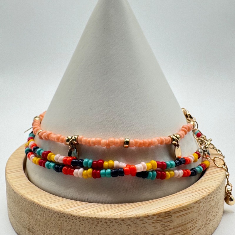 Boho Seed Bead Anklet Set (3pc) Gold Leaf Charm Multicolor Layered Beach Jewelry gallery