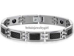 Stainless Steel Mens Womens Black Carbon Fiber Magnetic Stone Bracelet Bangle