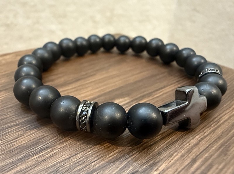 Hematite Cross Black Bead Stretchy Bracelet Unisex One Size Fits Most gallery