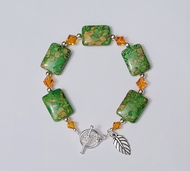 Green & Gold Mosaic Magnesite Rectangle Beads Bracelet with Swarovski Crystal gallery