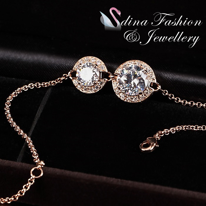 18K Rose Gold Filled Made With SWAROVSKI Zirconia Double Halo Chain Bracelet gallery