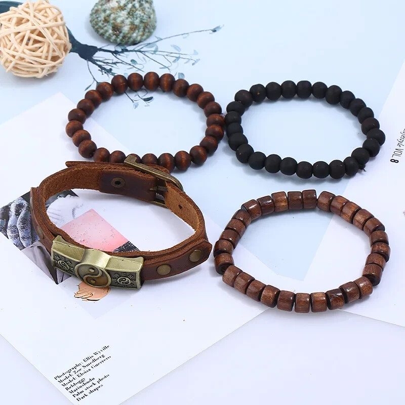 4pcs/set Handmade Trendy Vintage Bracelets Female /Male Punk Wood Leather gallery