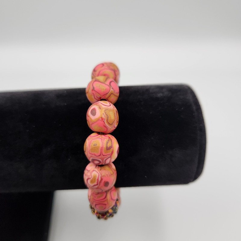 Pink Polymer Clay Large Round Marbled Design Beads Stretch Bracelet gallery