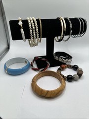 Mixed Lot 14 Bracelets Wood Faux Pearl Shell Plastic Leather Gold Silver Tone