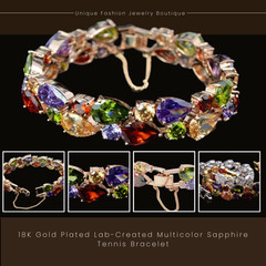 18K Gold Plated Lab-Created Multicolor Sapphire Tennis Bracelet Gorgeous Gift