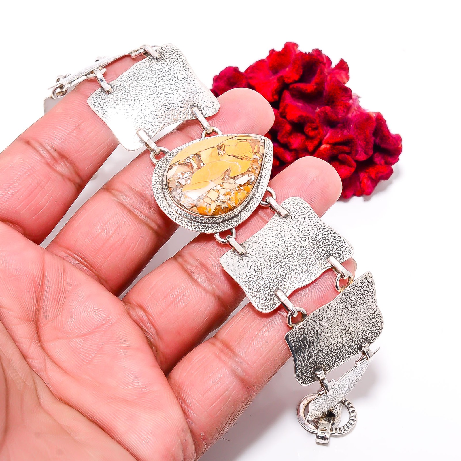 Brecciated Mookaite - Australia 925 Sterling Textured Silver Bracelet 8.99" B843 gallery