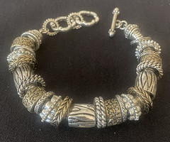 Silver Tone Metal Beaded Charm Bracelet Cable Chain Toggle Clasp No Stone 69g